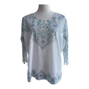 Alfred Dunner Petite Lace Blouse PL White Floral Mesh Overlay (2465-15)